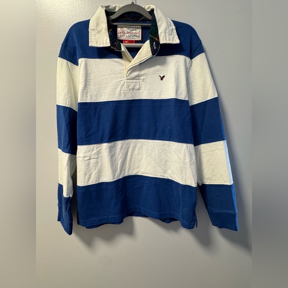 American Eagle Outfitters Varsity Style blue and white Y2K Polo Large